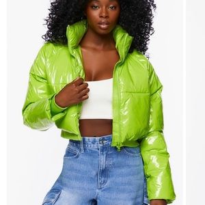 NWT Forever 21 Active Cropped Puffer Jacket lime green zip lined